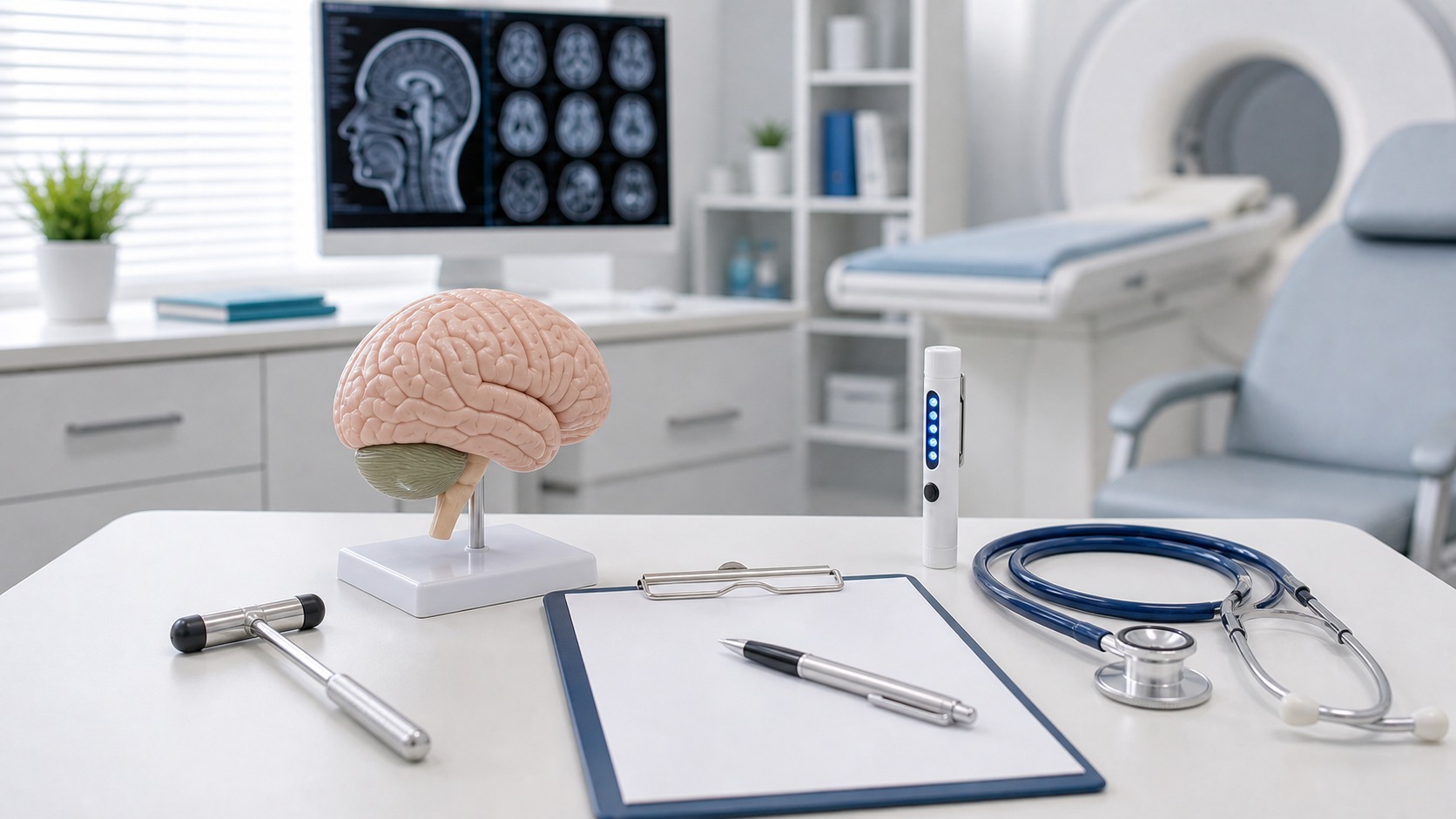 Gabinet neurologiczny z modelem mózgu przy artykule o chorobach układu nerwowego