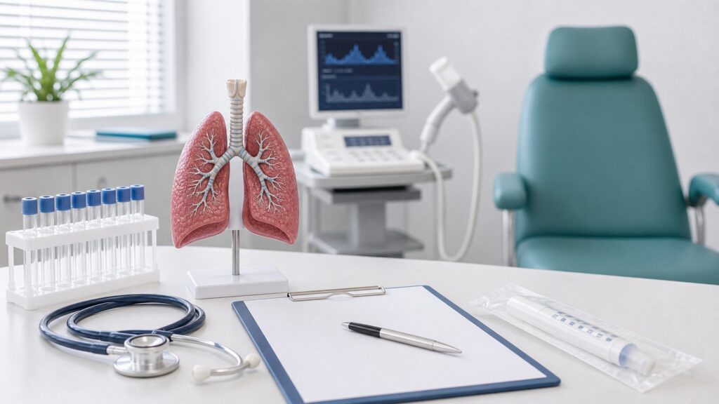 Gabinet pulmonologiczny z modelem płuc przy artykule o chorobach układu oddechowego