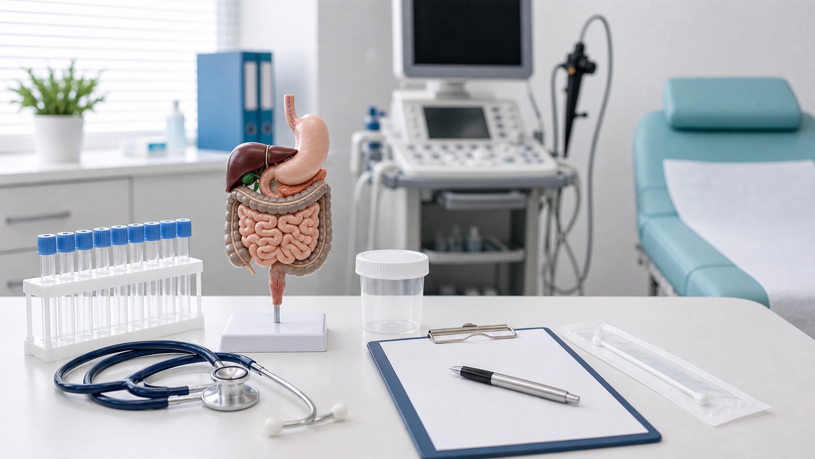 Gabinet gastroenterologiczny z modelem układu trawiennego przy artykule o chorobach przewodu pokarmowego