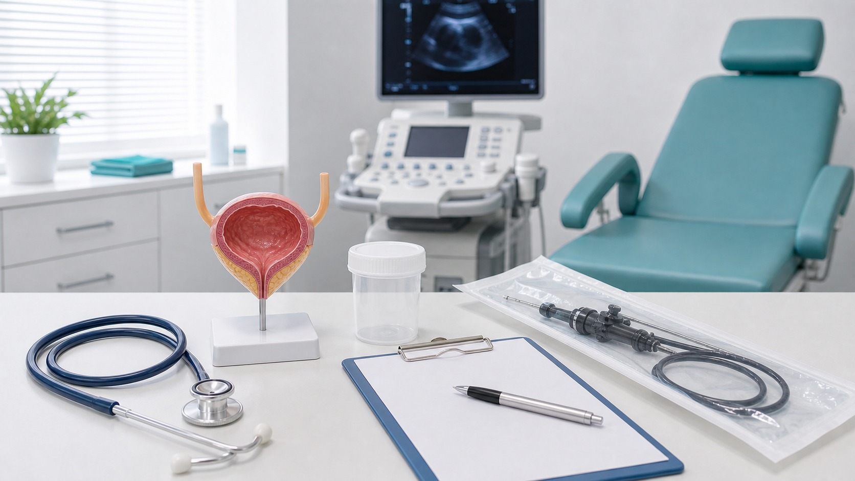 Gabinet urologiczny z modelem pęcherza moczowego przy artykule o cystoskopii