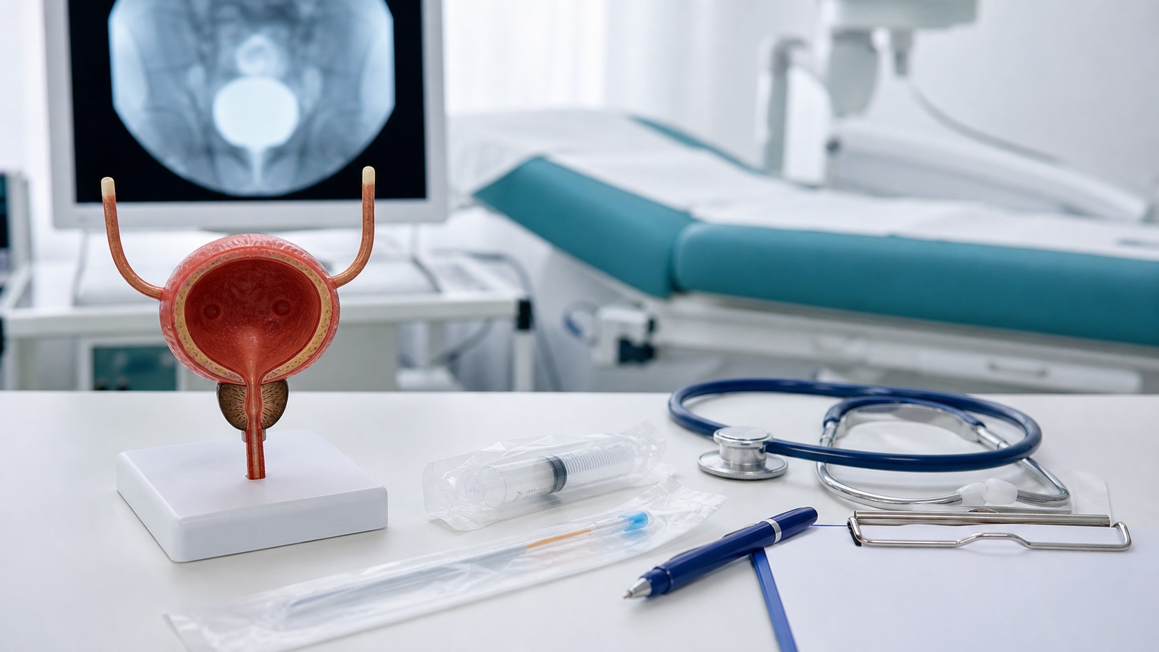 Gabinet urologiczno-radiologiczny z modelem pęcherza przy artykule o cystoureterografii mikcyjnej