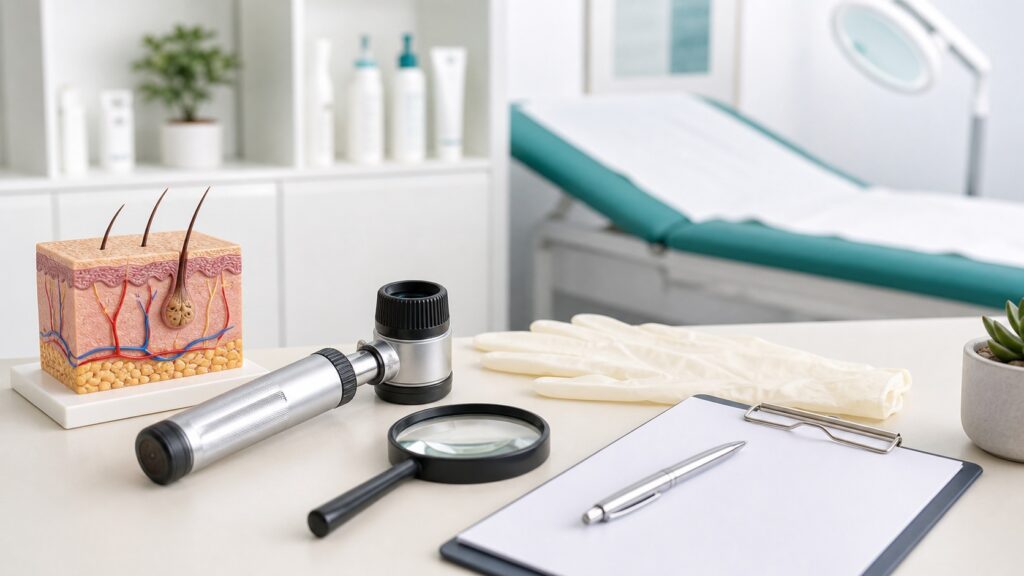 Dermatoskop i model skóry w gabinecie dermatologicznym
