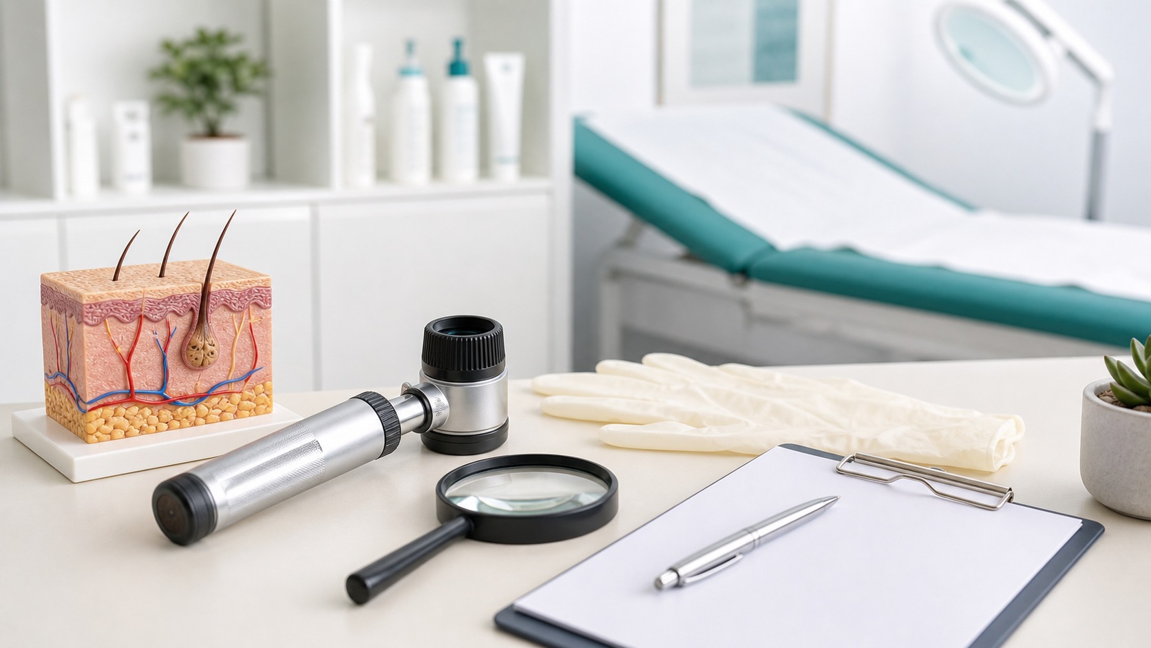 Dermatoskop i model skóry w gabinecie dermatologicznym