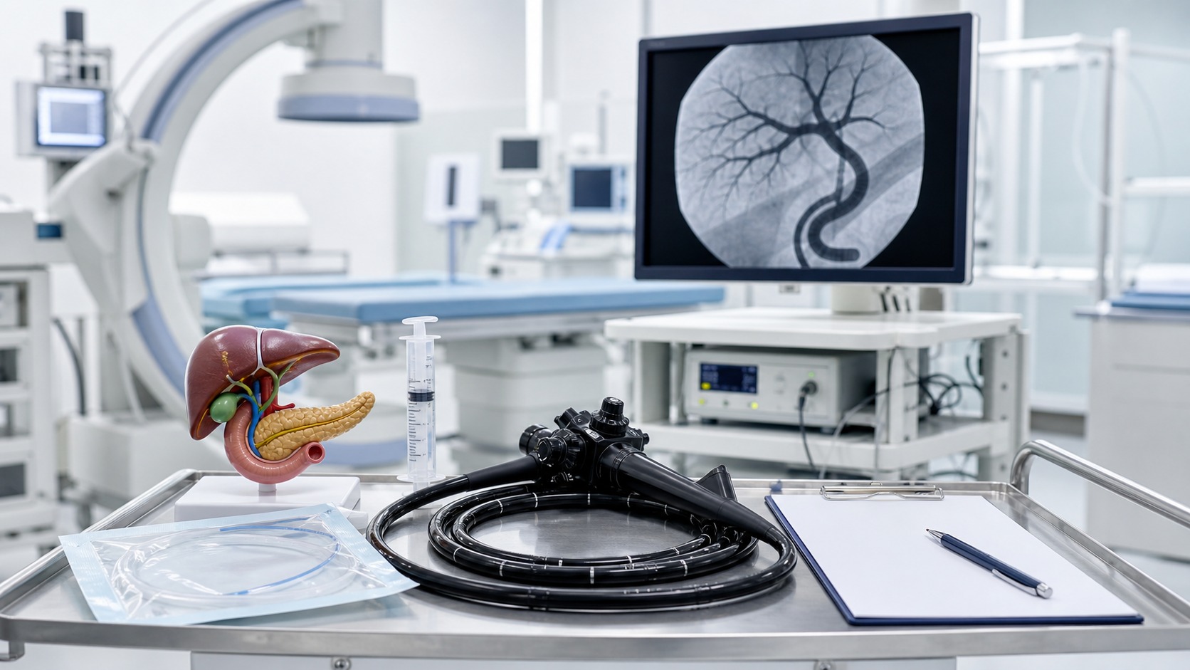Duodenoskop i model dróg żółciowych oraz trzustki w sali do badania ERCP
