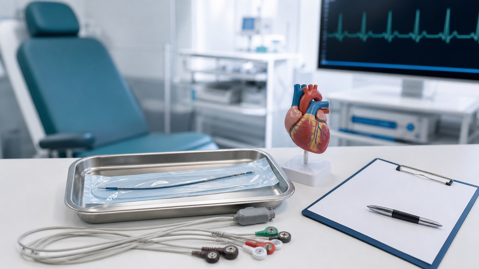 Elektroda przezprzełykowa, przewody EKG i model serca w gabinecie kardiologicznym