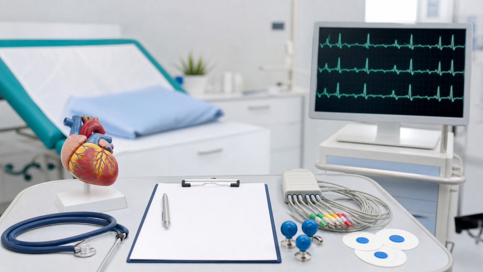Aparat EKG, elektrody i model serca w gabinecie kardiologicznym