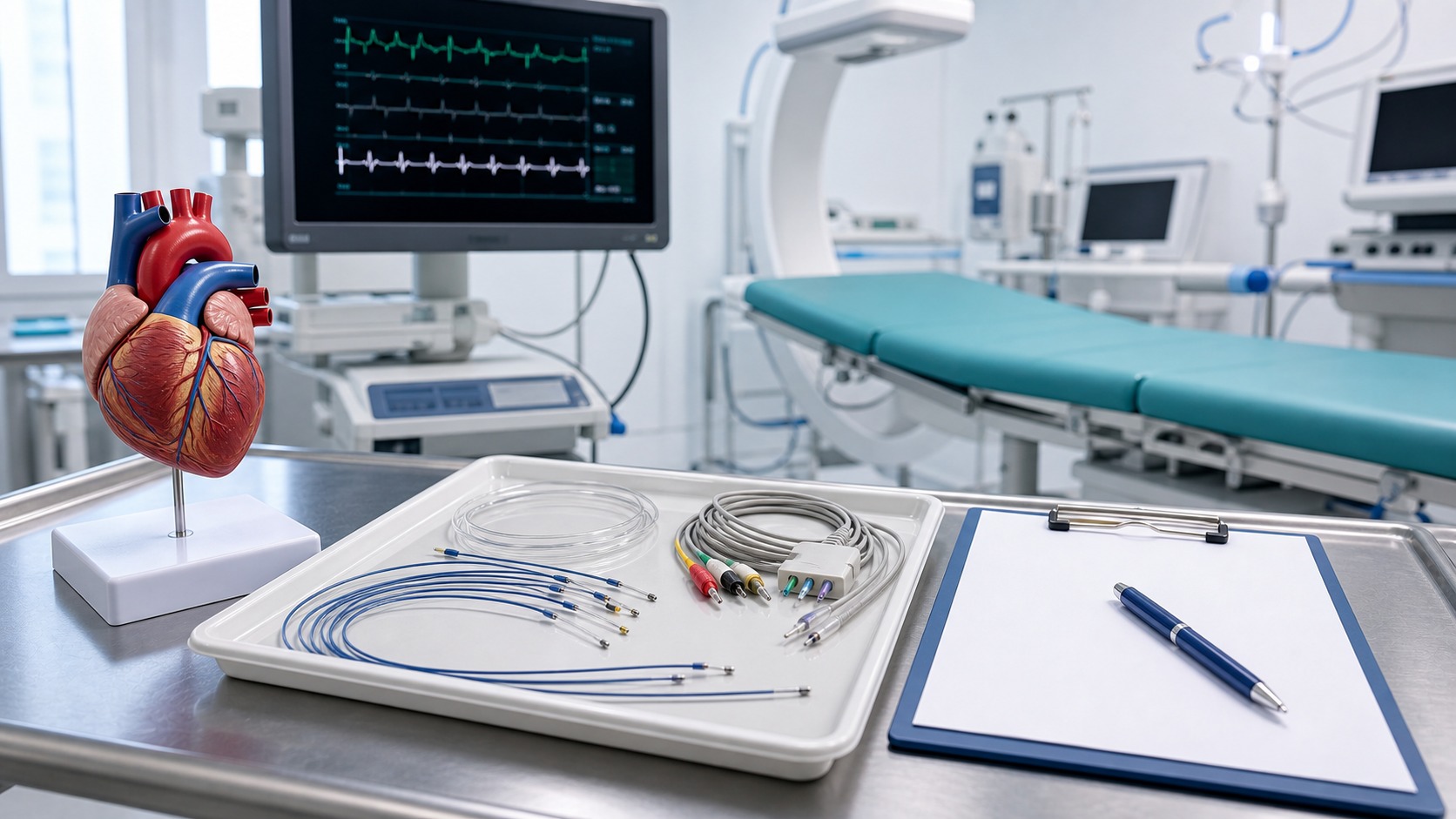 Pracownia elektrofizjologii serca z cewnikami i monitorem EKG