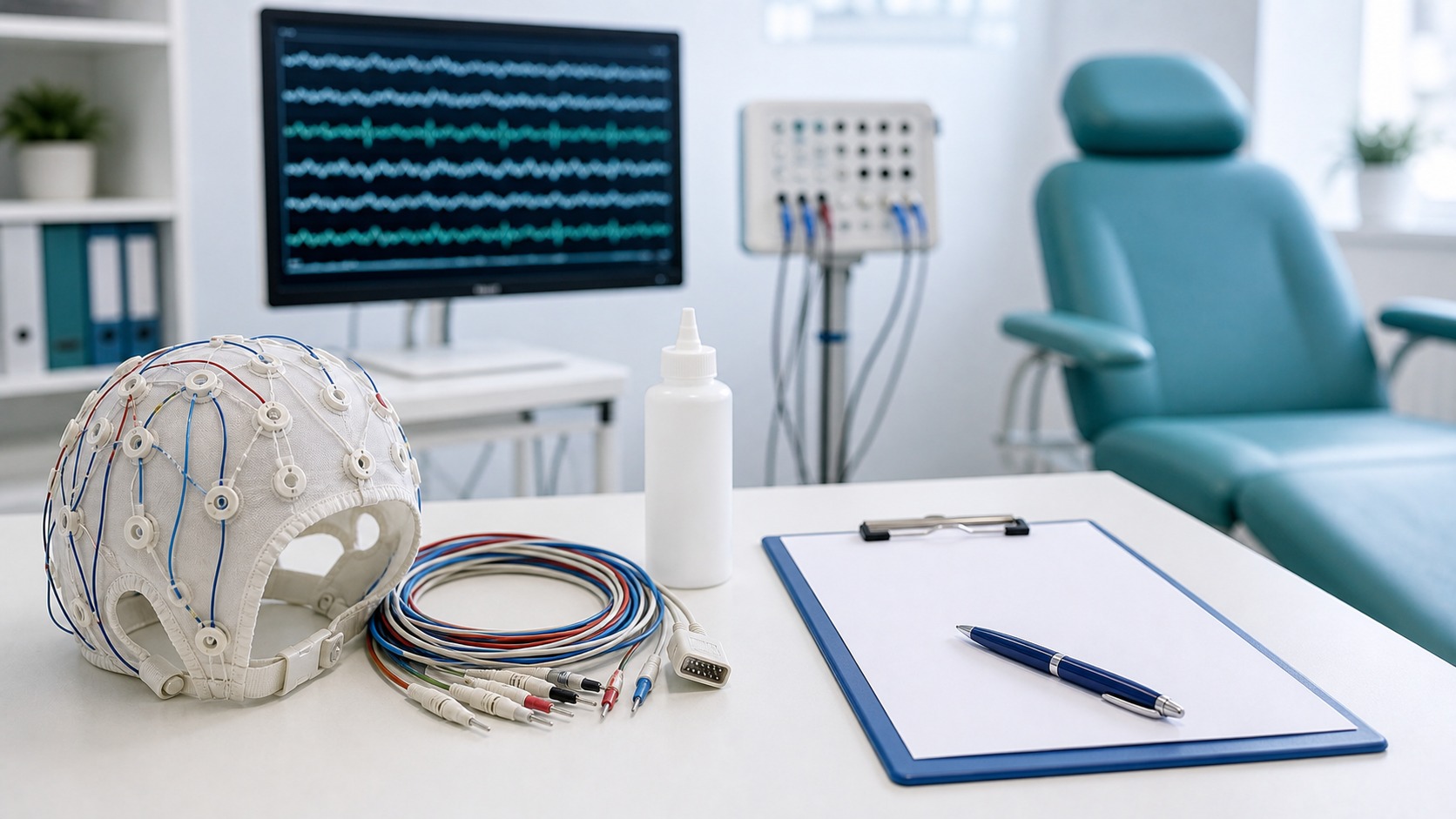Czepek EEG, elektrody i monitor z zapisem fal mózgowych w gabinecie neurologicznym