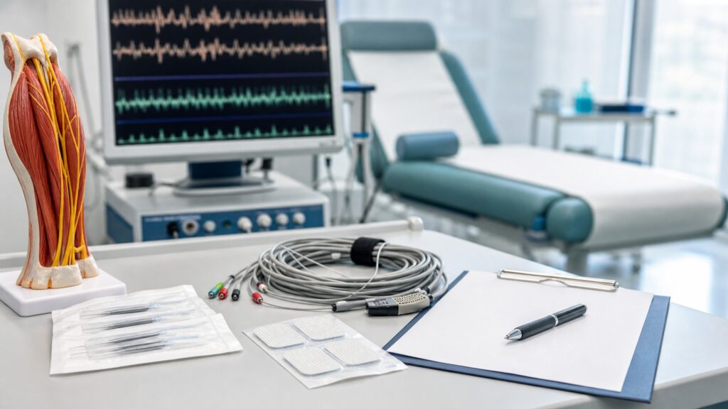 Elektrody EMG i model nerwu z mięśniem w gabinecie neurofizjologicznym