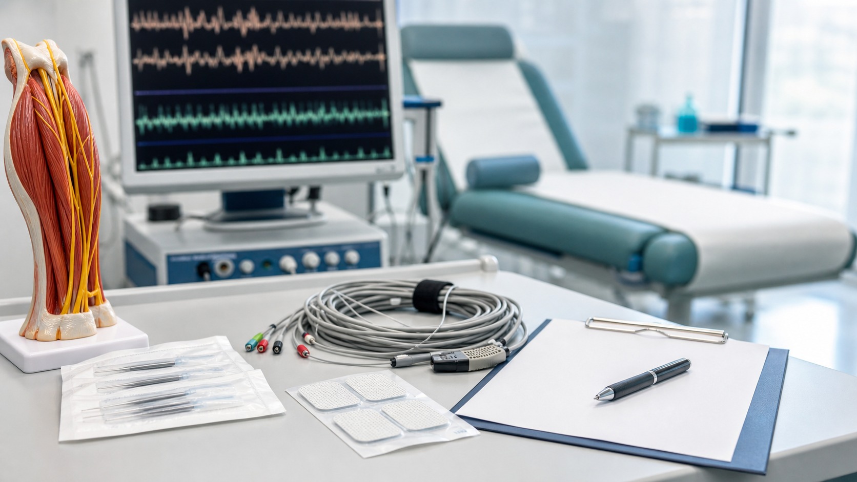 Elektrody EMG i model nerwu z mięśniem w gabinecie neurofizjologicznym