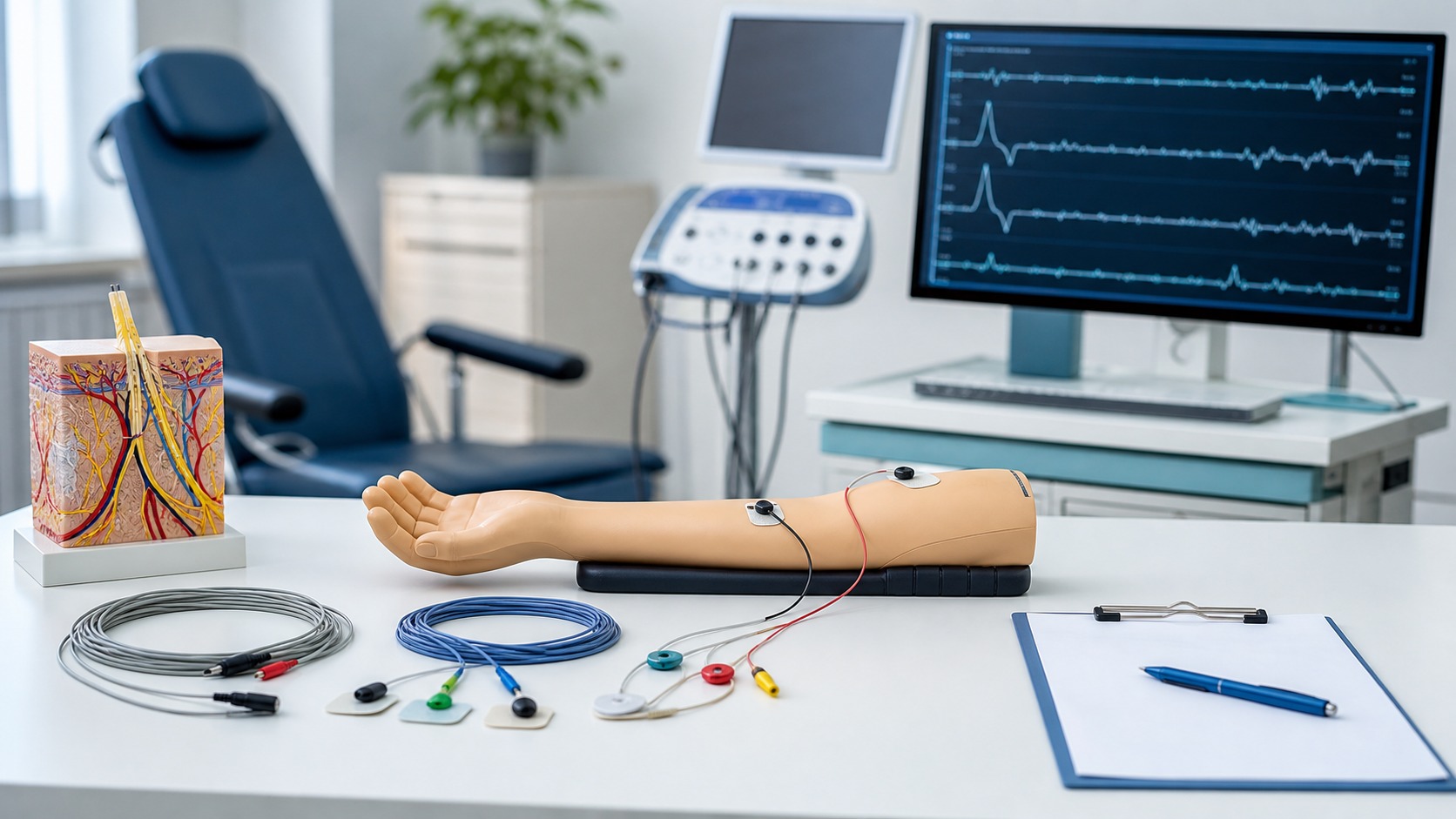 Elektrody do elektroneurografii na modelu treningowym kończyny w gabinecie neurofizjologicznym