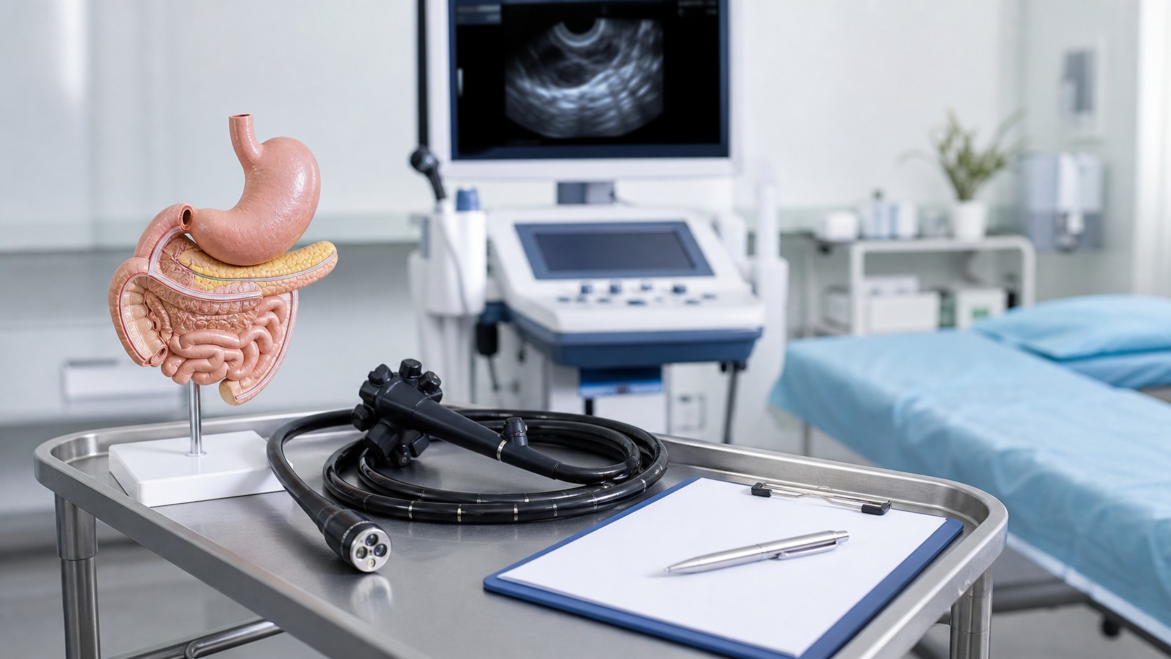 Echoendoskop i model przewodu pokarmowego w sali do endosonografii