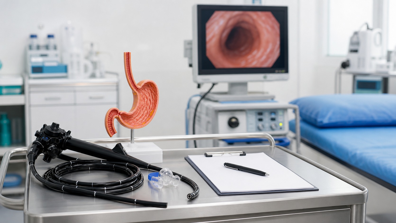 Gastroskop i model żołądka w sali endoskopowej