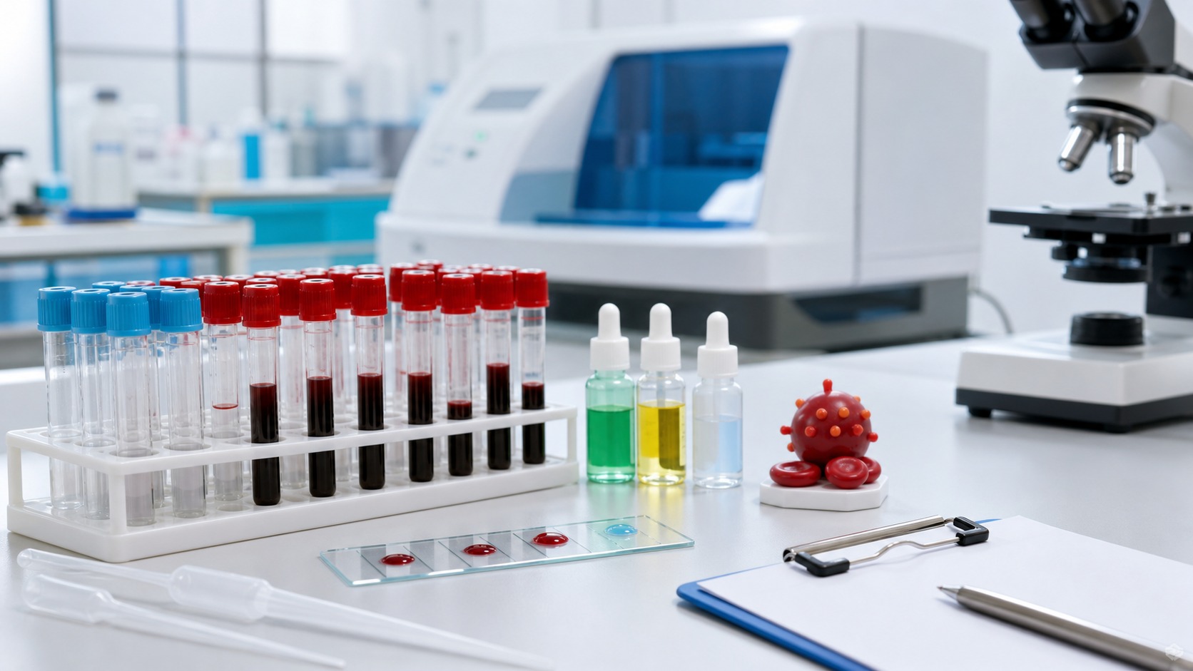 Próbki krwi i szkiełko do oznaczania grupy krwi w laboratorium