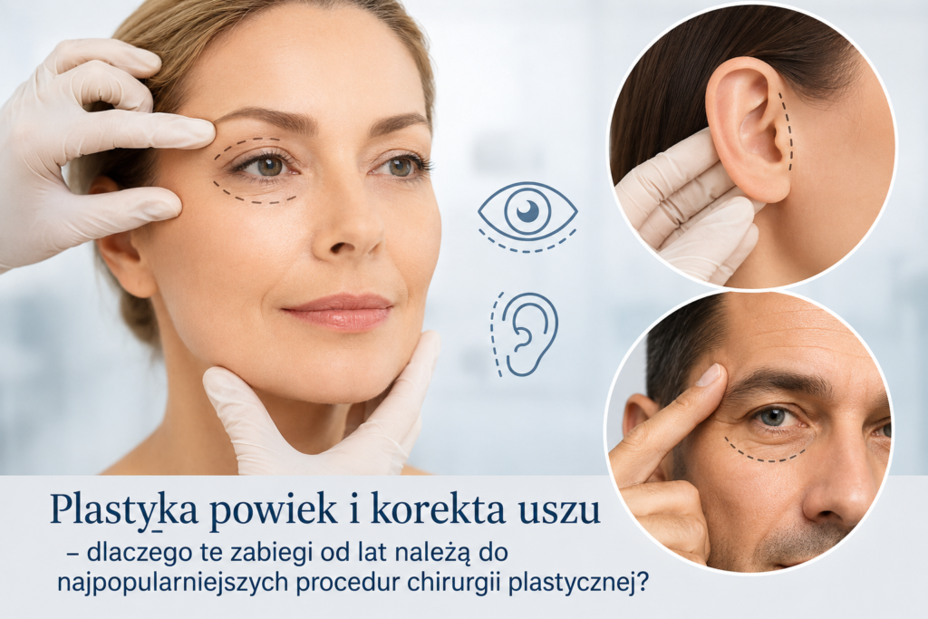 Kobieta i mężczyzna z zaznaczonymi liniami zabiegowymi wokół oczu i uszu podczas konsultacji medycznej. Napis: Plastyka powiek i korekta uszu – dlaczego te zabiegi od lat należą do najpopularniejszych procedur chirurgii plastycznej?