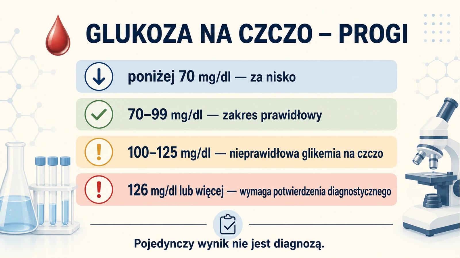 Infografika przedstawiająca cztery przedziały glukozy na czczo: poniżej 70, 70–99, 100–125 oraz od 126 mg/dl.