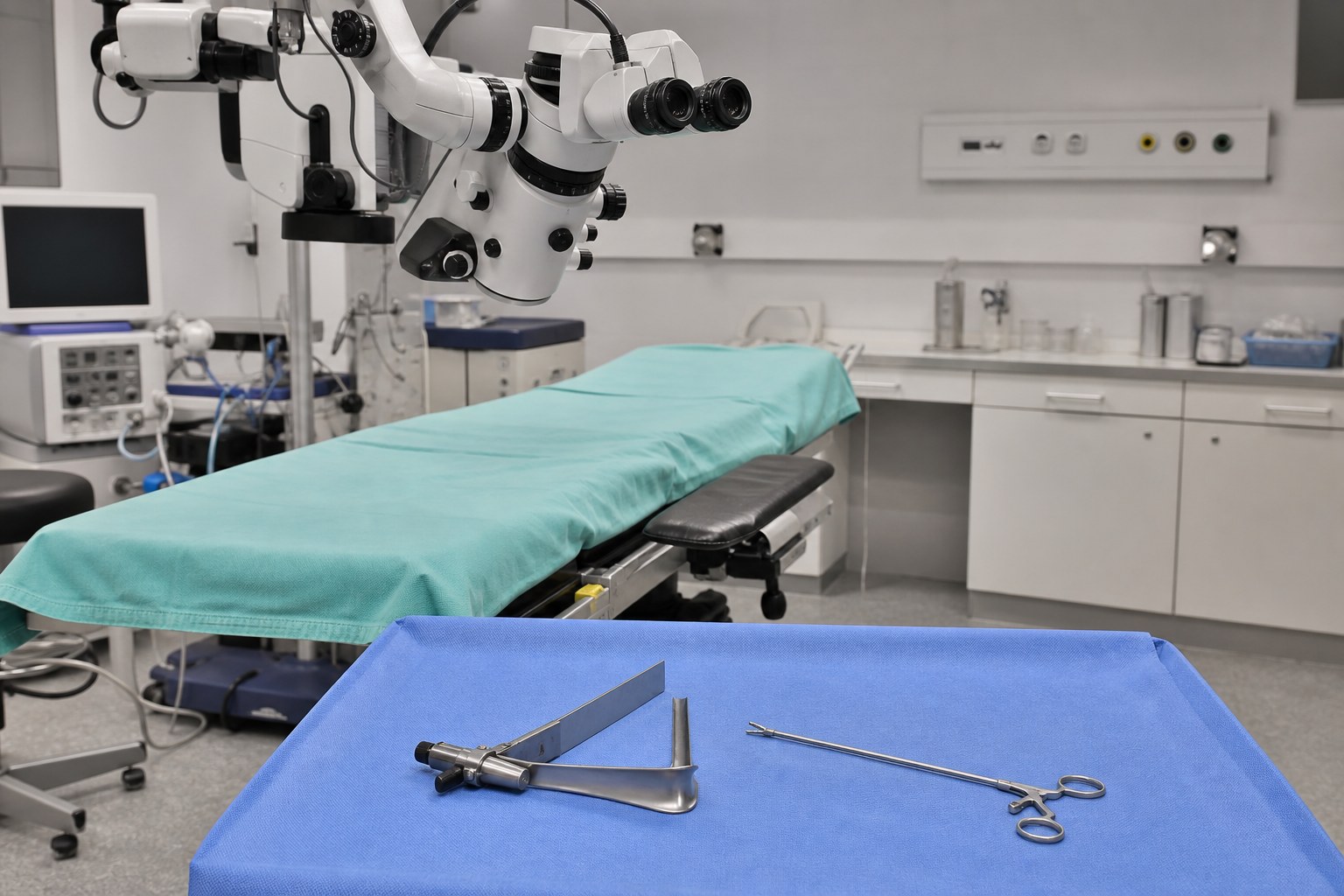 Mikroskop operacyjny i sprzęt do mikrolaryngoskopii w sali zabiegowej