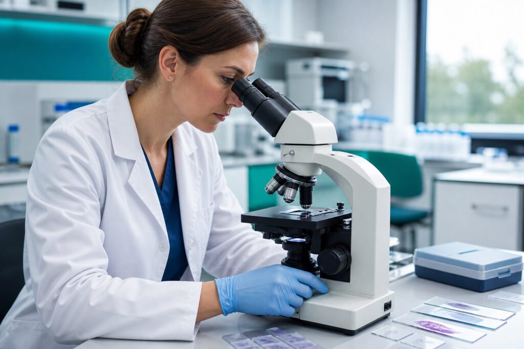 Patomorfolożka oceniająca preparaty histopatologiczne pod mikroskopem