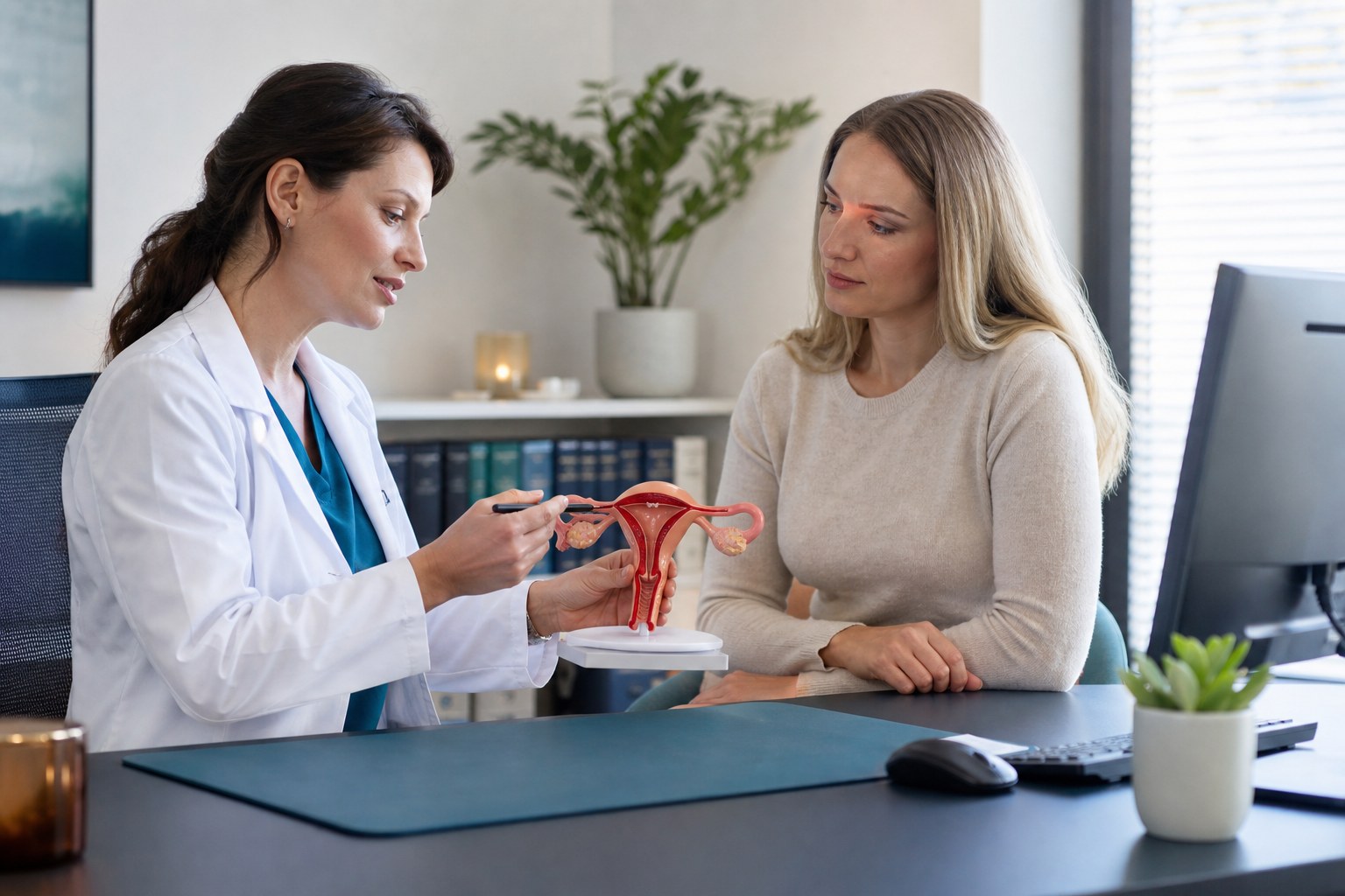 Ginekolożka omawiająca z pacjentką drożność jajowodów na modelu anatomicznym