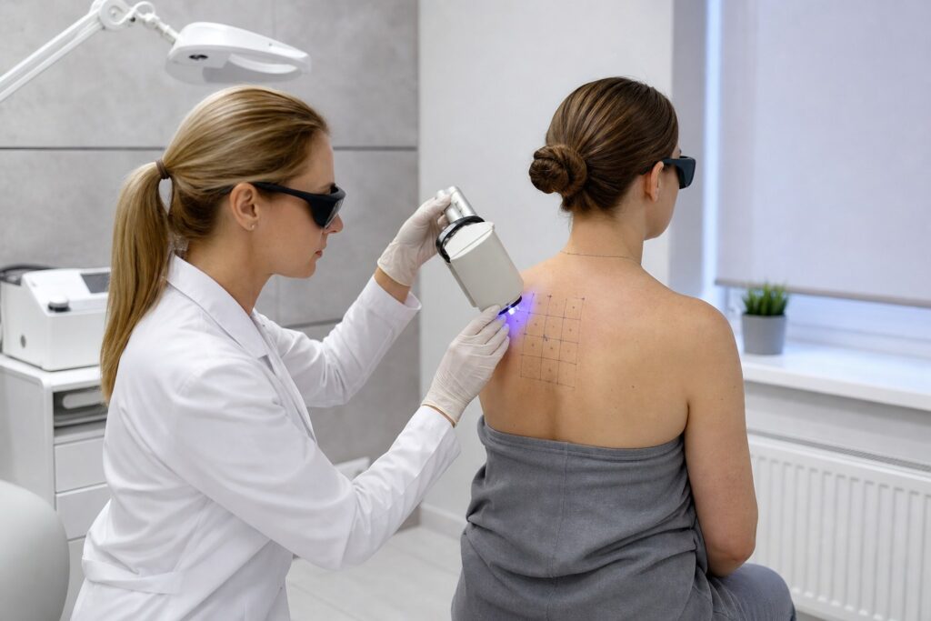 Dermatolog wykonująca kontrolowany fototest na niewielkich polach skóry pleców