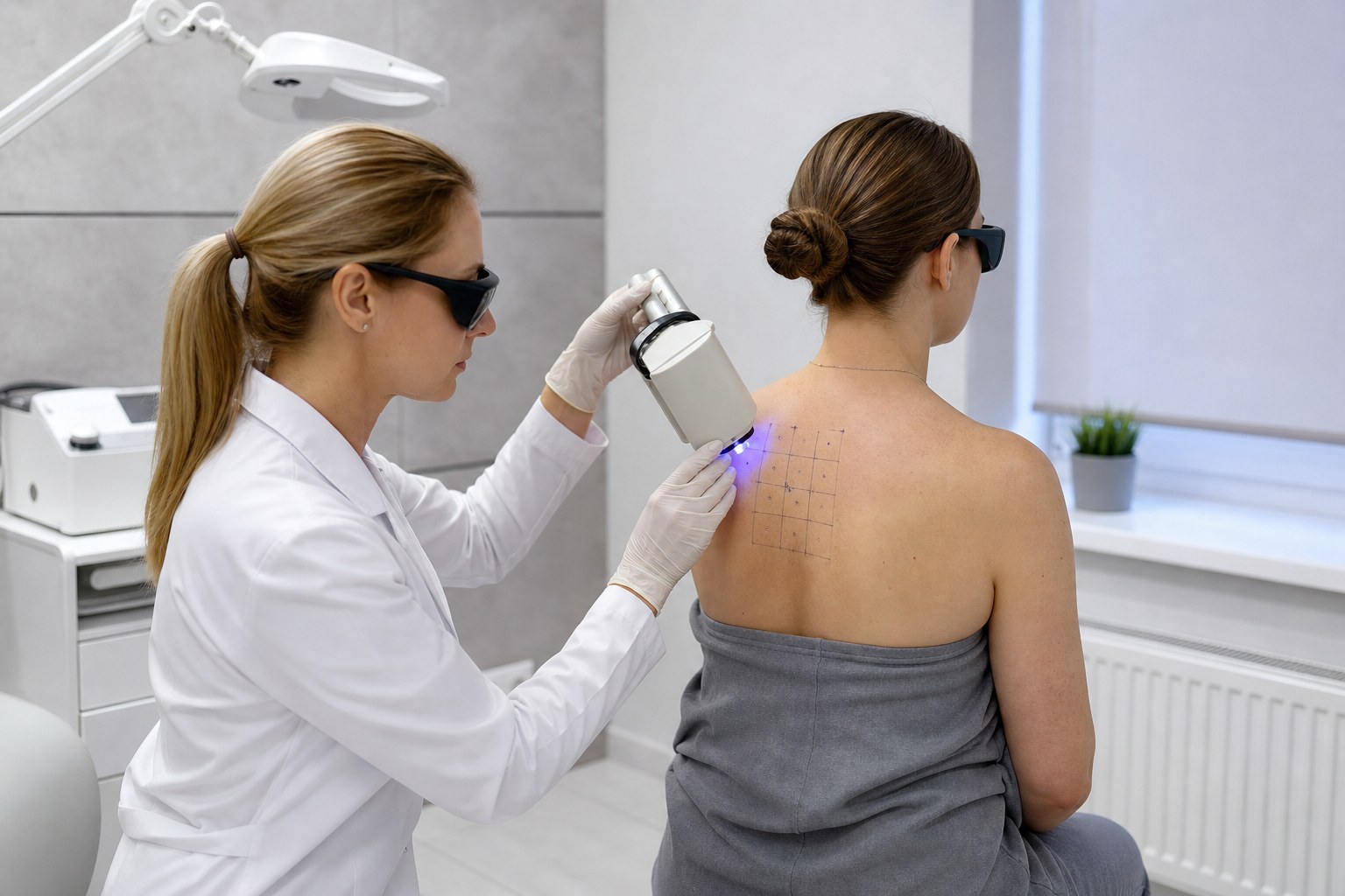 Dermatolog wykonująca kontrolowany fototest na niewielkich polach skóry pleców