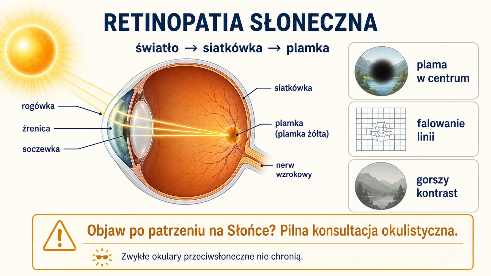 Schemat oka pokazujący skupienie światła na plamce oraz objawy retinopatii słonecznej: plamę centralną, falowanie linii i gorszy kontrast.