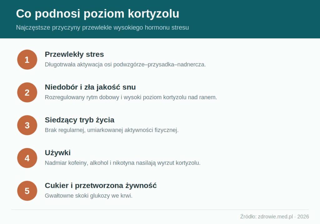 Infografika: Co podnosi poziom kortyzolu – 5 głównych przyczyn przewlekle wysokiego hormonu stresu