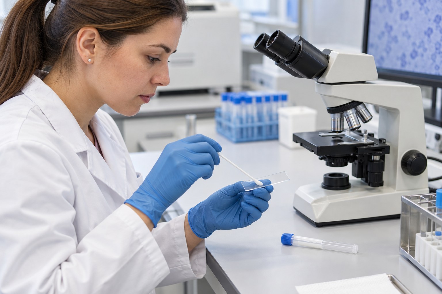 Diagnostka przygotowuje rozmaz mikrobiologiczny na szkiełku