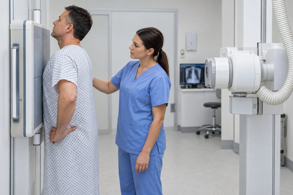 Pacjent ustawiany do cyfrowego RTG klatki piersiowej