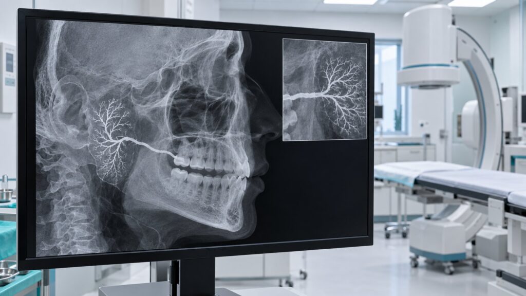 Sialogram ślinianki przyusznej widoczny na monitorze w pracowni radiologicznej