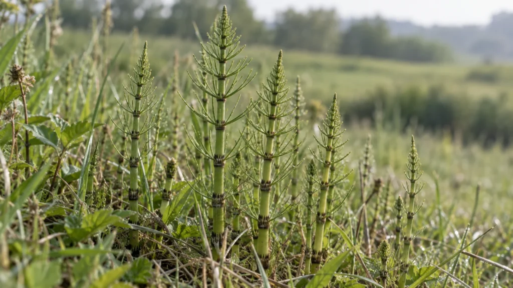 Świeże pędy skrzypu polnego w naturalnym świetle na skraju łąki, wyraźna struktura rośliny.