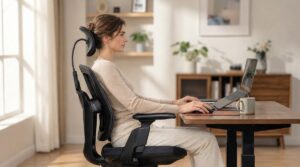 kobieta przy pracy biurowej z ergonomicznym podparciem