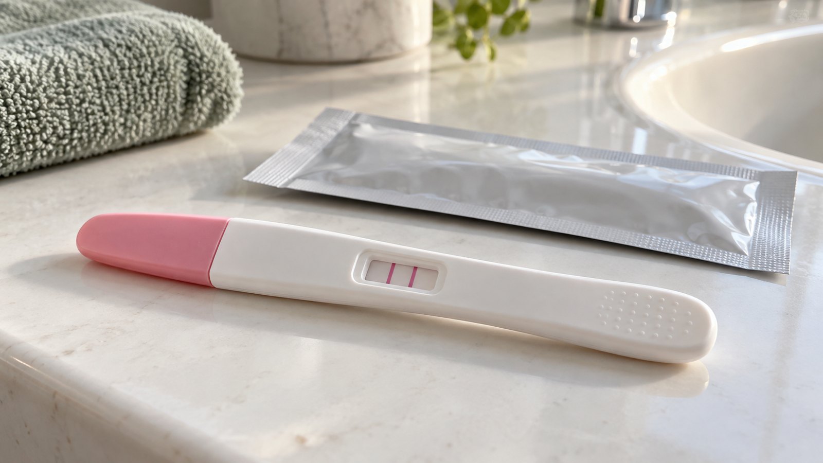 Domowy test ciążowy z dwiema różowymi kreskami w okienku wyniku, leżący na blacie.