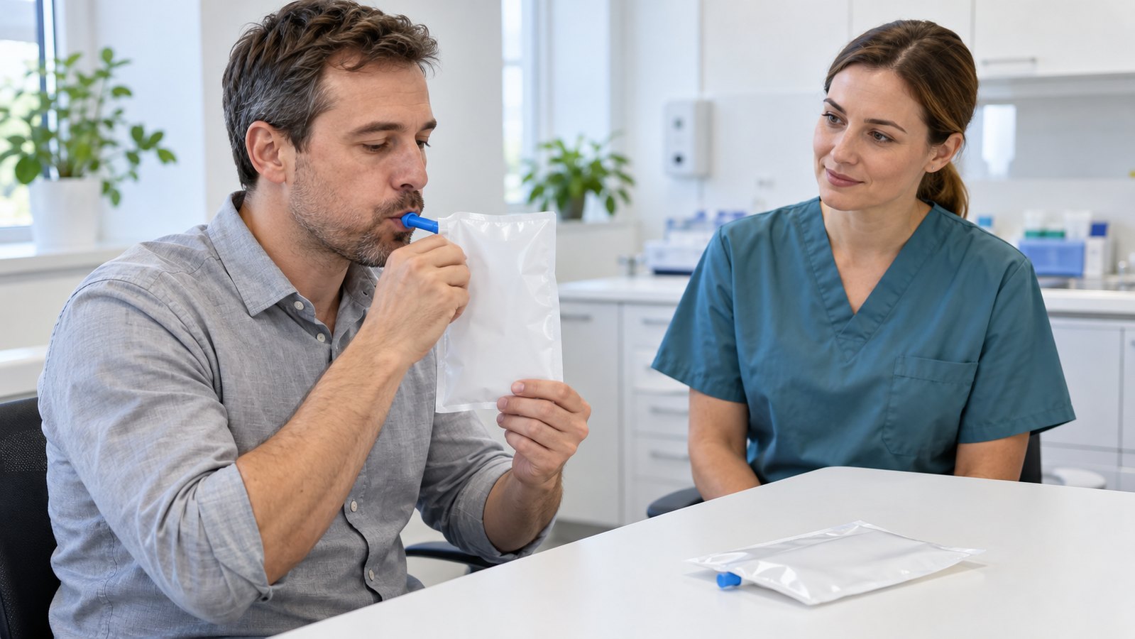 Pacjent oddaje próbkę wydychanego powietrza podczas testu oddechowego na Helicobacter pylori.