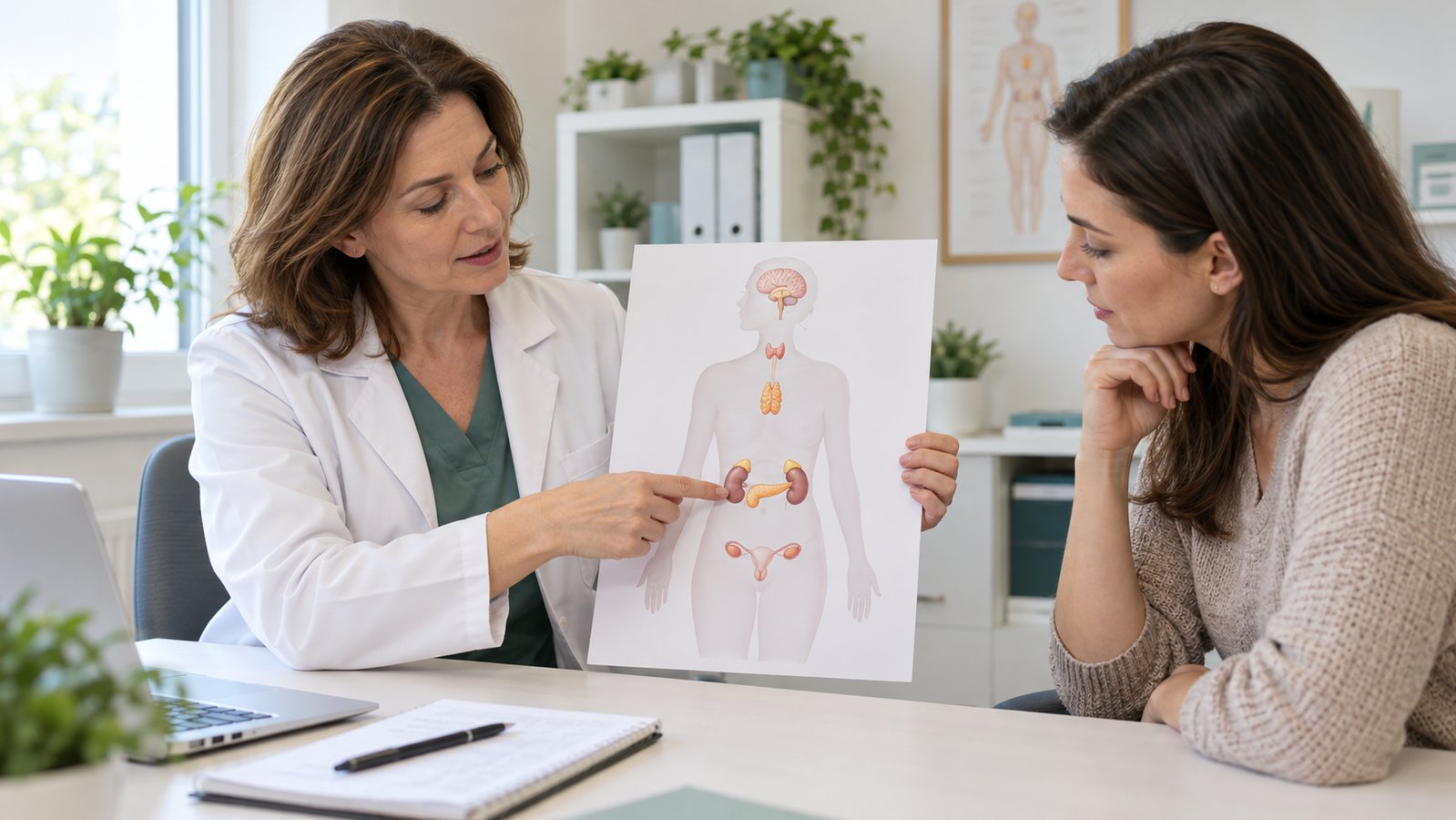 Lekarka omawia z pacjentką budowę układu hormonalnego, wskazując narządy na schemacie anatomicznym.