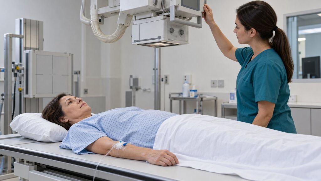 Pacjentka z wkłuciem dożylnym leży na stole RTG podczas przygotowania do urografii.