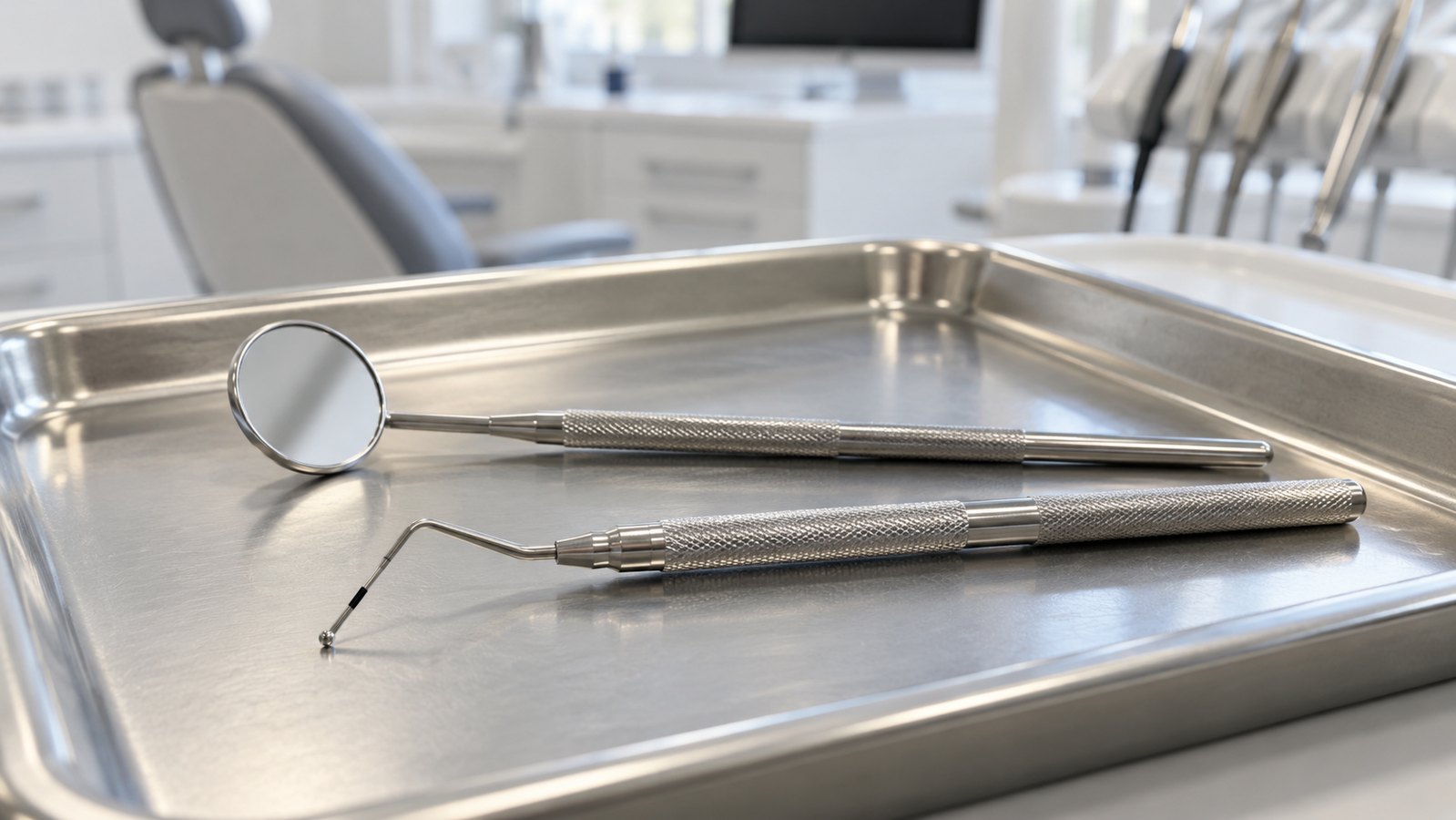 Zgłębnik periodontologiczny z kulistą końcówką i lusterko stomatologiczne na metalowej tacy